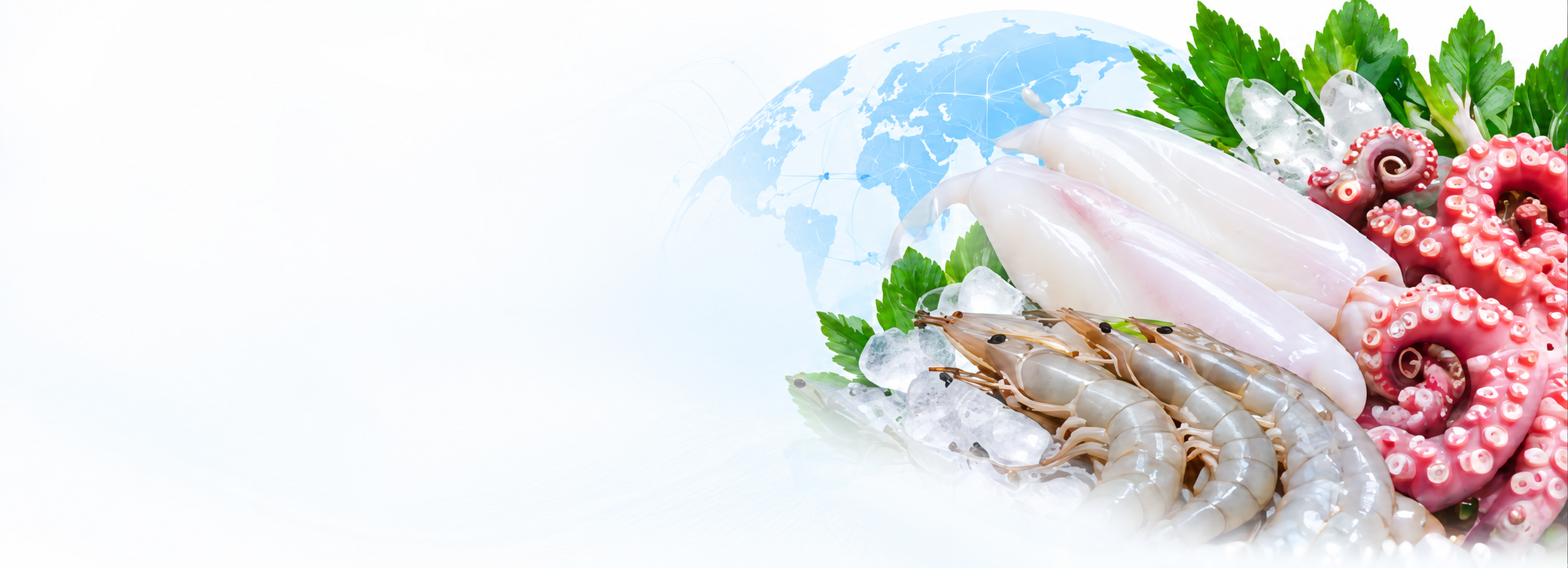 Shrimp, squid and octopus on ice with world map